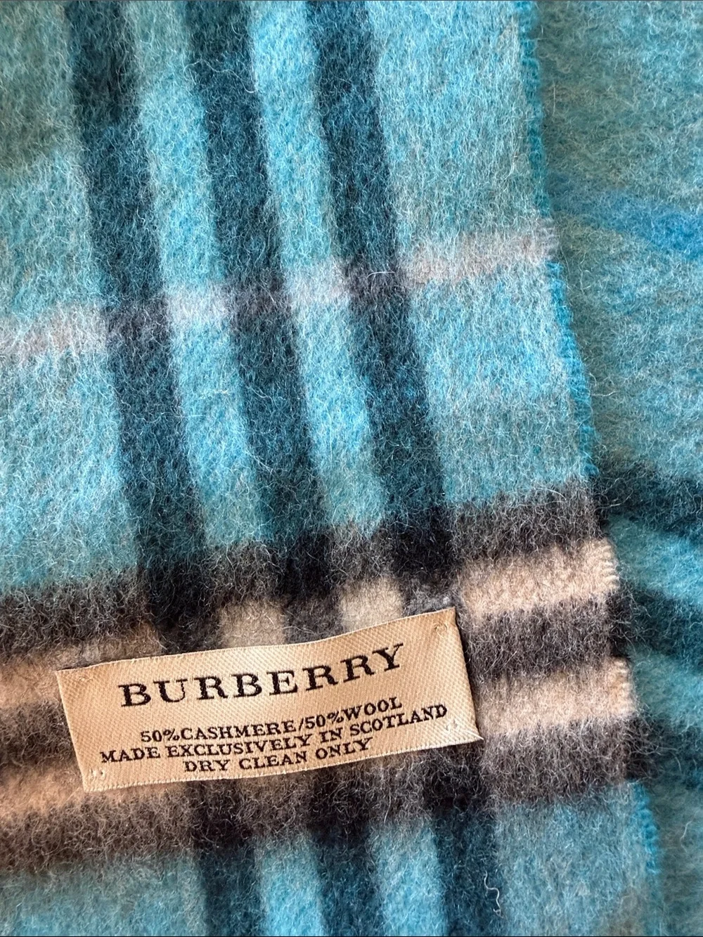 Burberry Turquoise and Black Plaid Cashmere-Wool Scarf
